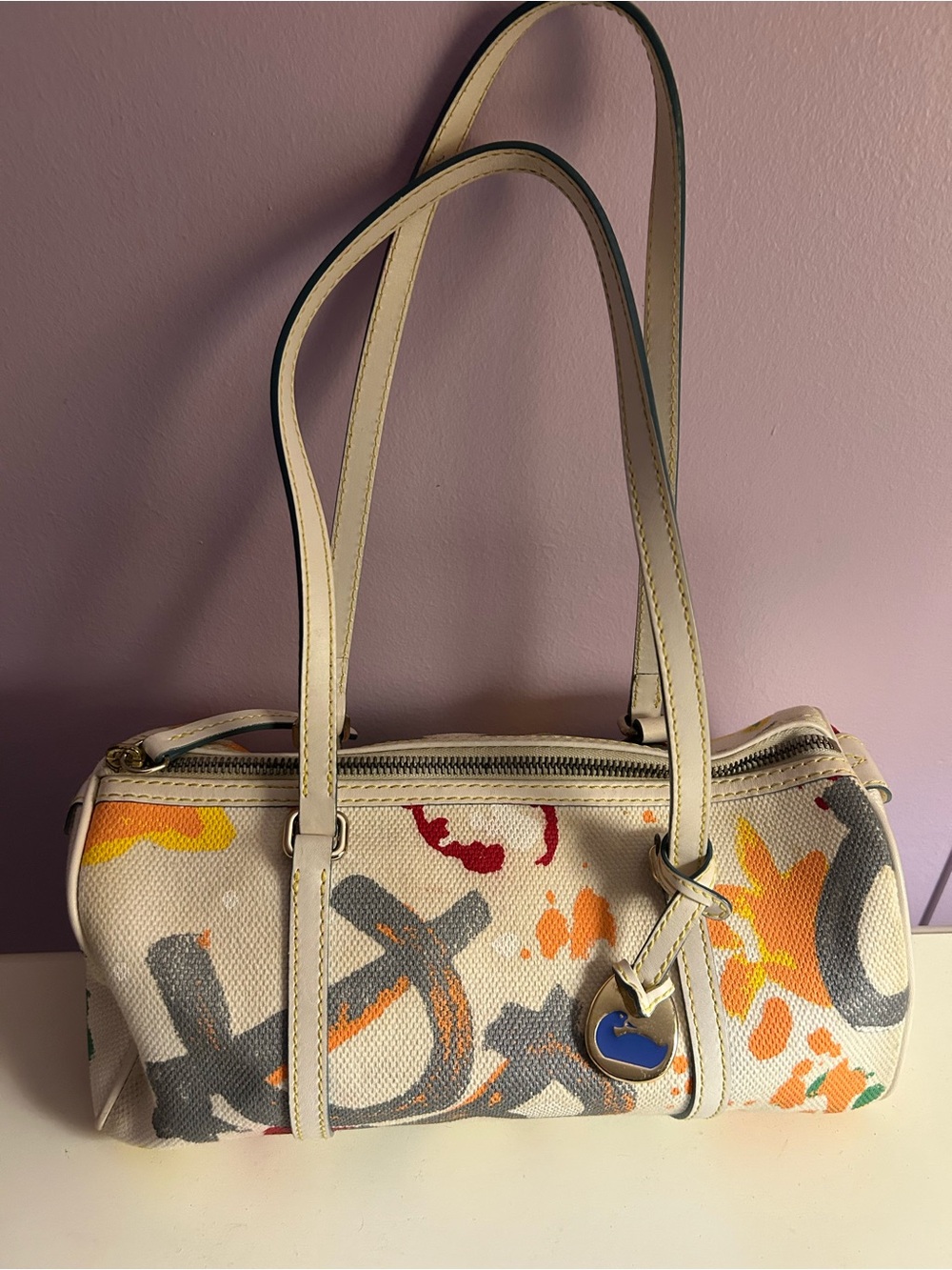 Dooney & Bourke Cream Canvas Graffiti Barrel Shoulder Bag